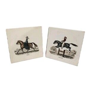 Vintage Pair of Horseback Riding/Equestrian  Ceramic Tiles with Felt Backing